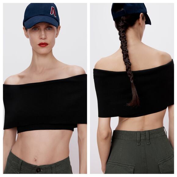 ZARA Ribbed Foldover Crop Top Size S in Black - Picture 2 of 10